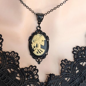 Gothic Lady Skull Cameo Necklace: Black Enamel Skeleton Pendant