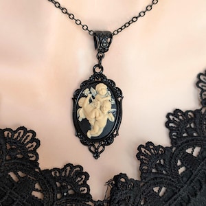 Gothic Cherub Cameo Necklace: Ornate Black Vintage Style Pendant