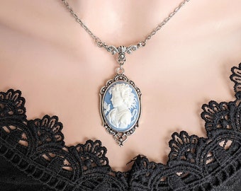 Blue & White Lady Cameo Necklace, Handcrafted Statement Jewelry, Victorian Inspired Accessory, Unique Gift for Her