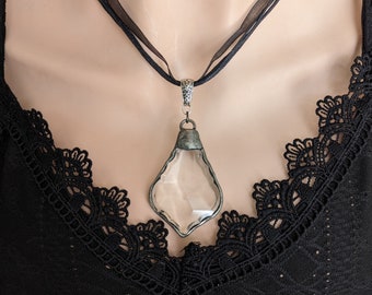 Gothic Choker, Clear Crystal Teardrop Necklace, Soldered Glass & Gunmetal Pendant, Black Ribbon Collar, Jewelry Gift for Her