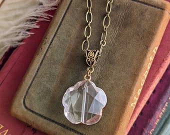 Long Crystal Pendant Necklace with Paperclip Chain, Clear Clover Pendant, Rustic Chic Layering Necklace, Lucky Jewelry