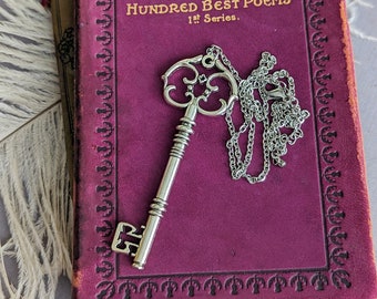 Silver Key Pendant, Steampunk Victorian Skeleton Key Layering Necklace, Vintage Style Jewelry Gift for Her