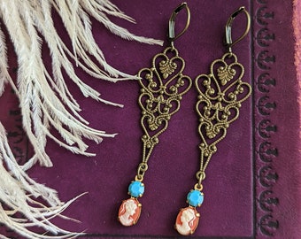 Long Filigree Cameo Earrings, Victorian Inspired Jewelry Gift for Her