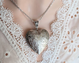 Silver Plated Floral Heart Locket Necklace, Photo Memory Keepsake Gift for Mothers Day