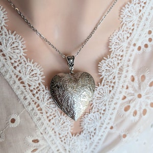 Silver Plated Floral Heart Locket Necklace, Photo Memory Keepsake Gift for Mothers Day