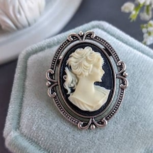 Black Cameo Brooch, Steampunk pin, Gothic Victorian jewelry, goth jewelry gift for women, historical fiction booklover image 1