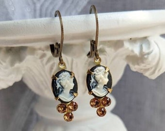 Black Cameo Earrings with Crystals, Victorian Lady Cameo Earrings, Antique Style Jewelry, Vintage Inspired Portrait Jewelry Gift for Wife