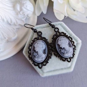 Blue Cameo Earrings, Gothic Victorian Jewelry, Vintage Portrait Earrings, Dark Academia, Gift for Her