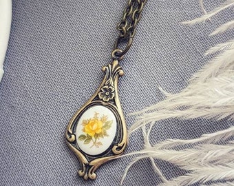 Yellow Rose Necklace Victorian Pendant Vintage Style Regency Era Jewelry Gift for Her Floral Limoges Necklace Nature Jewelry Art Nouveau