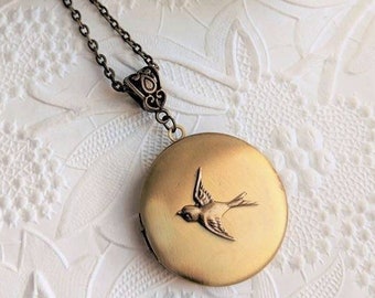 Bird Locket Necklace, Swallow Locket Pendant, Memory Photo Keepsake Jewelry, Mothers Day Gift for Mom, Customizable