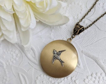 Bird locket necklace, antiqued gold locket, round locket necklace, keepsake jewelry, long chain pendant, Mothers Day Mom gift