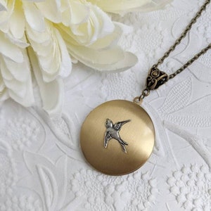 Bird locket necklace, antiqued gold locket, round locket necklace, keepsake jewelry, long chain pendant, Mothers Day Mom gift