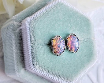 Fire Opal Earrings, Vintage Harlequin Opal Jewelry, Pink Stone, October Birthday Gift for Girlfriend