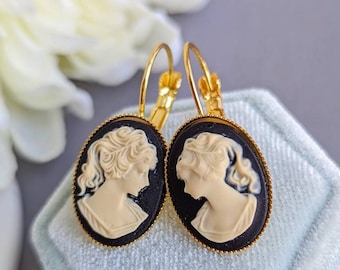 Black Cameo Earrings, Gold Cameo Drop Earrings, Lever Back Earrings, Lady Cameo Earrings, Victorian Earrings, Romantic Jewelry