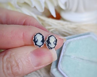 Tiny Cameo Earrings, Black and Ivory Post earrings, Stainless Steel Hypoallergenic Stud Earrings, Cameo Jewelry, Best Gifts for Her