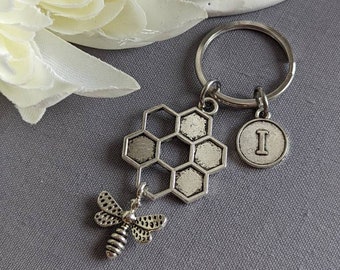 Honeycomb and Bee Keychain, Honeybee Key Ring, Personalized Gift for Her, Add an Initial Key Chain, Bee Lover Gft