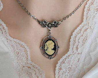 Cameo Necklace, Victorian Necklace, Vintage Style Cameo Necklace, Silver Cameo Pendant, Victorian Bridal Jewelry