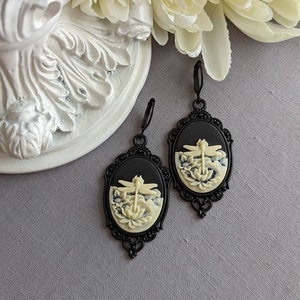 Gothic Cameo Earrings, Black Dragonfly Earrings, Gothic Victorian Jewelry, Dark Nature Jewelry Gift for Her