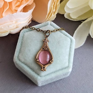 Victorian Necklace, Pink Pendant, Vintage Style Jewelry gift for her, Dainty Necklace, Regency Era, Art Nouveau, Wife Gift