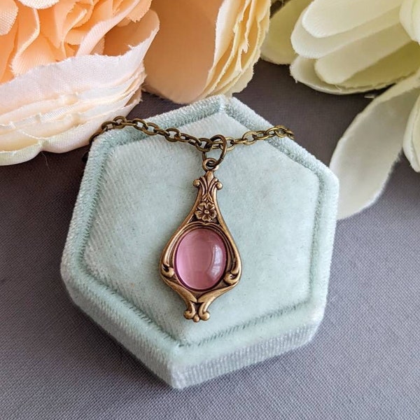 Victorian Necklace, Pink Pendant, Vintage Style Jewelry gift for her, Dainty Necklace, Regency Era, Art Nouveau, Wife Gift