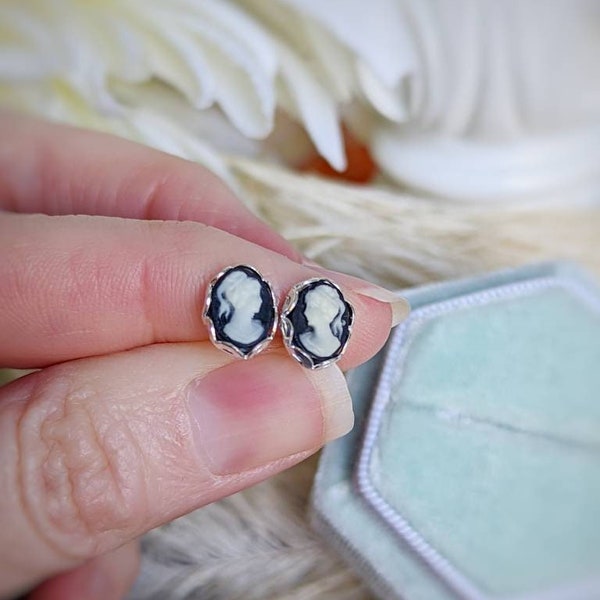 Tiny Cameo Earrings, Black and Ivory Post earrings, Stainless Steel Hypoallergenic Stud Earrings, Cameo Jewelry, Best Gifts for Her