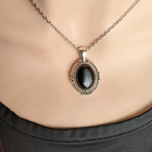Obsidian Necklace: Antiqued Silver Gothic Pendant, Black Gemstone Jewelry
