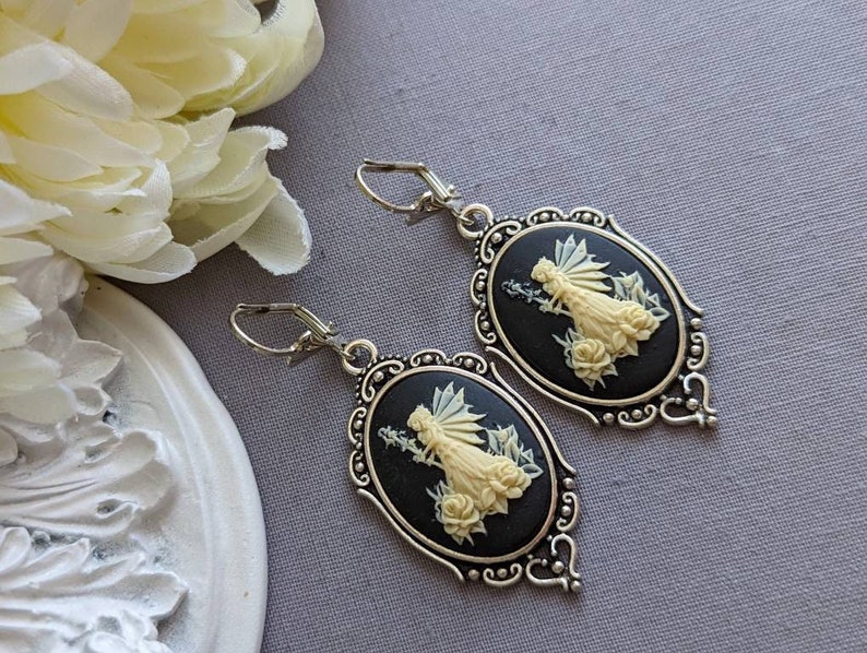 Fairy Cameo Earrings, Woodland Fairy Statement Earrings with Lever Back Ear Wires, Mythical Creatures, Fairycore Jewelry Antique Silver