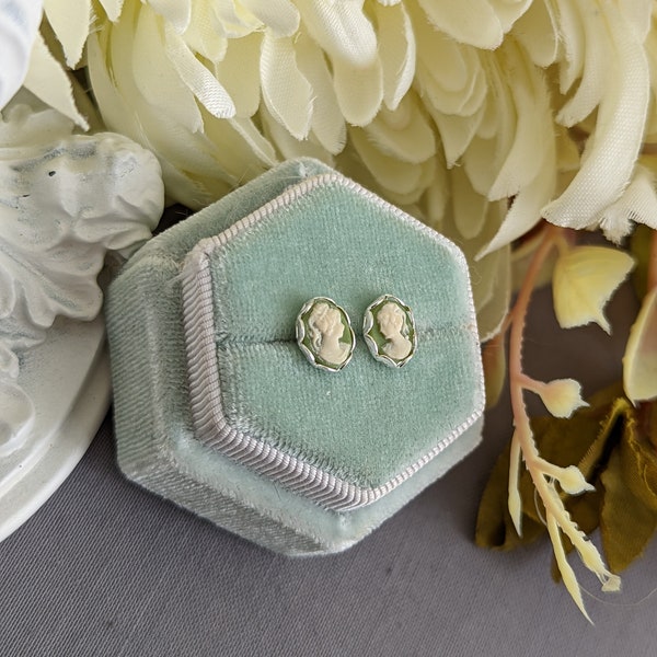 Green Cameo Studs, Tiny Cameo Earrings, Green and Ivory Post Earrings, Stainless Steel Hypoallergenic Studs, Regency Jewelry, Daughter Grad