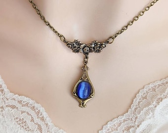 Vintage Style Sapphire Blue Necklace, Floral Teardrop Pendant, Art Nouveau Jewelry