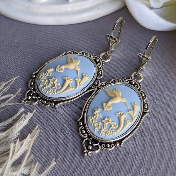 Cameo Earrings, Blue Hummingbird Earrings, Romantic Jewelry, Vintage Style, Nature Jewelry for Women