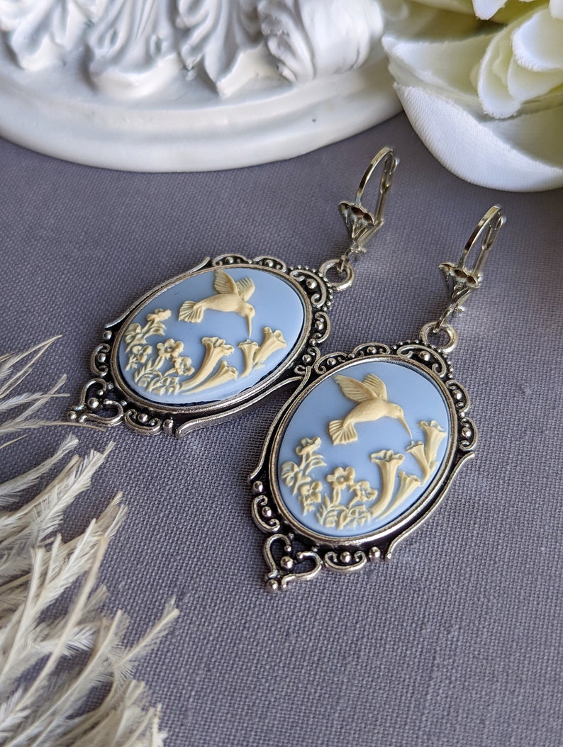 Cameo Earrings, Blue Hummingbird Earrings, Romantic Jewelry, Vintage Style, Nature Jewelry for Women Blue & Ivory