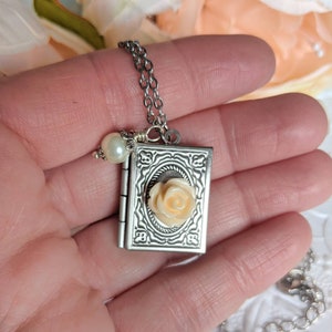 Silver Book Locket Necklace with Flower, Book Club Gifts for Book Lovers, Librarian Gift Idea, Tiny Book Necklace image 4