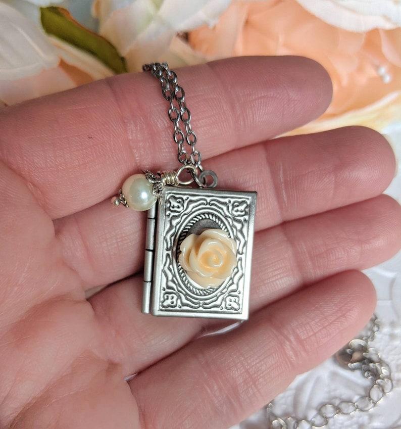 Silver Book Locket Necklace with Flower, Book Club Gifts for Book Lovers, Librarian Gift Idea, Tiny Book Necklace image 4