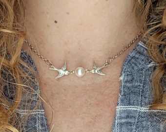 Silver Bird Necklace with Pearl, Swallow Choker, Bride Necklace for Wedding Day, June Birthday Gift for Best Friend, Pearlcore