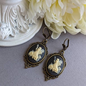 Fairy Cameo Earrings, Woodland Fairy Statement Earrings with Lever Back Ear Wires, Mythical Creatures, Fairycore Jewelry Antique Brass