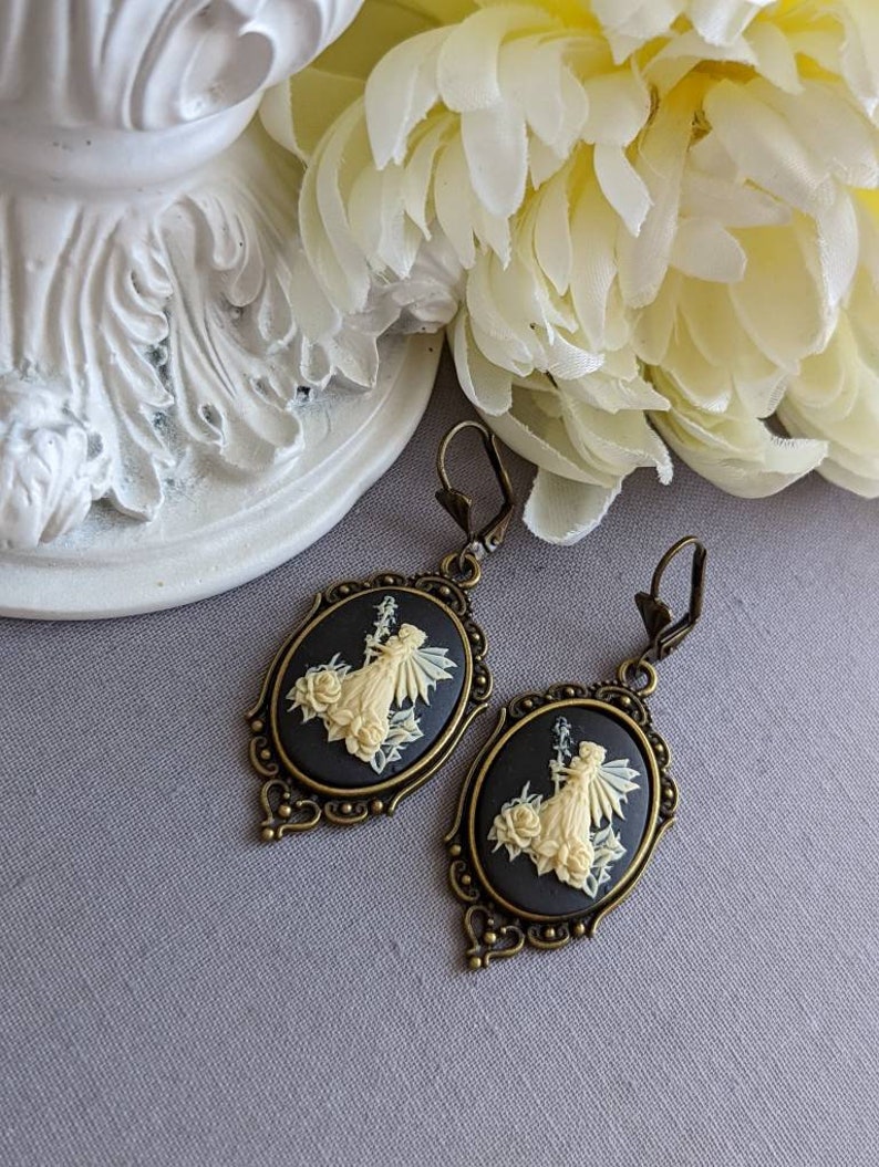 Fairy Cameo Earrings, Woodland Fairy Statement Earrings with Lever Back Ear Wires, Mythical Creatures, Fairycore Jewelry Antique Brass