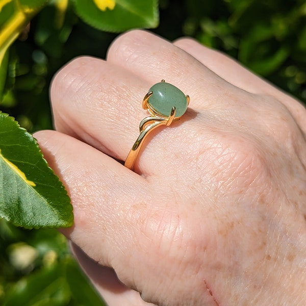 Aventurine Ring, Gold Vermeil 925 Sterling Silver Ring, Semiprecious Gemstone Jewelry, Adjustable Ring, Green Stone Ring, Crystal Jewelry