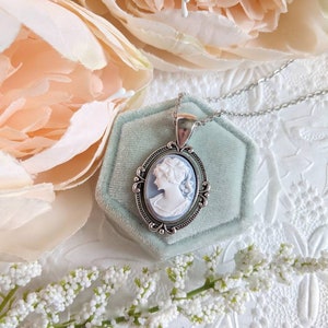 Cameo necklace. Silver Oval setting with flourishes on a stainless steel chain. The cameo is of a Greek Goddess with a light blue background and detailed white relief.