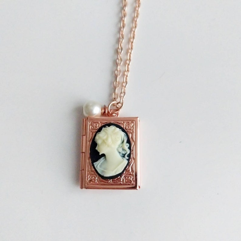 Book Locket Necklace, Rose Gold Locket, Cameo Necklace, Book Jewelry, Book Lover Gift, Librarian, Teacher Gift image 2