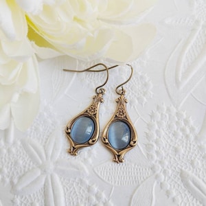 Sky blue earrings, light blue dangle earrings, vintage style golden earrings, something blue for bride jewelry, gift for her image 3