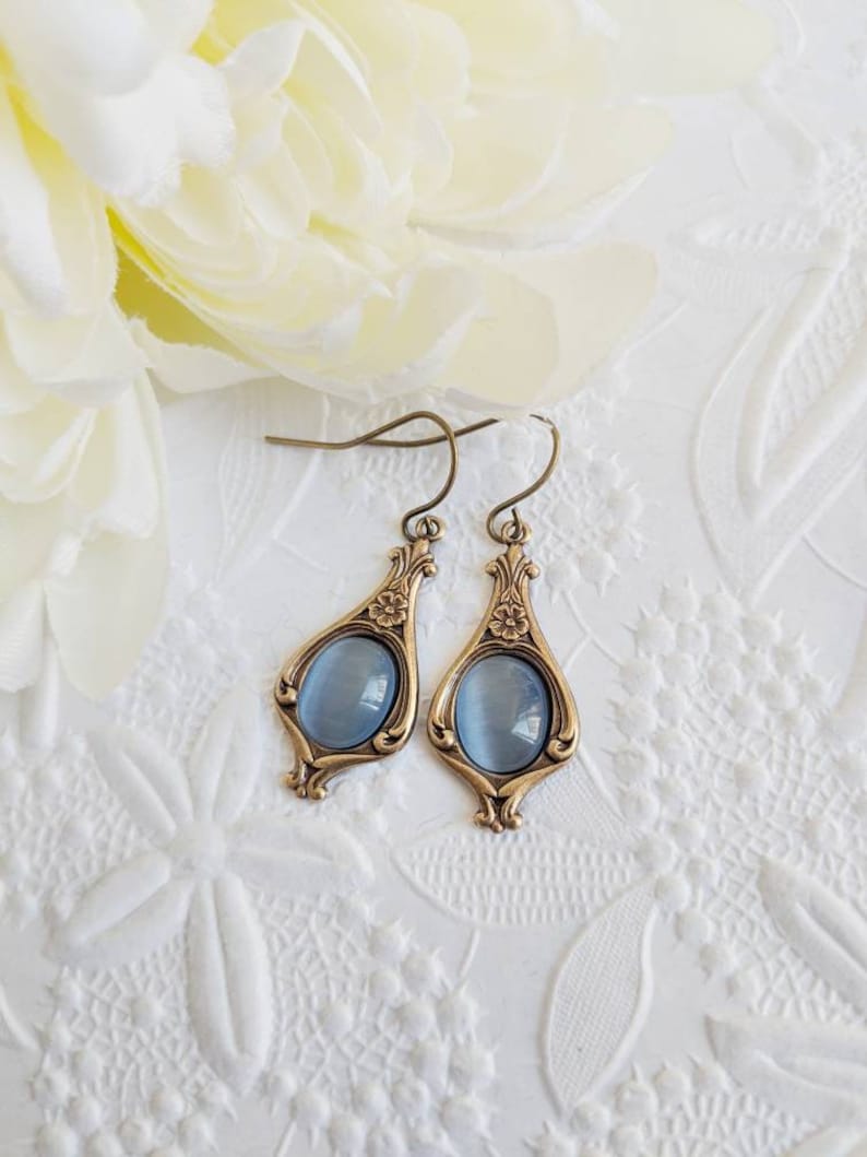 Sky blue earrings, light blue dangle earrings, vintage style golden earrings, something blue for bride jewelry, gift for her image 3