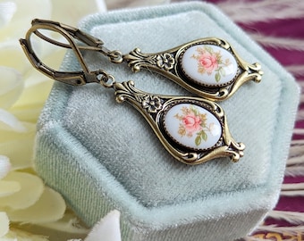Pink Rose Earrings, Regency Era Earrings, Pink Flower Limoges Jewelry, Vintage Inspired, Botanical Floral Jewelry