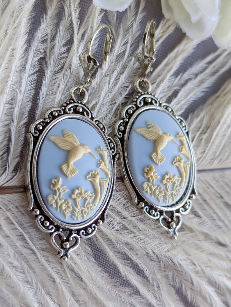 Cameo Earrings, Blue Hummingbird Earrings, Romantic Jewelry, Vintage Style, Nature Jewelry for Women image 4