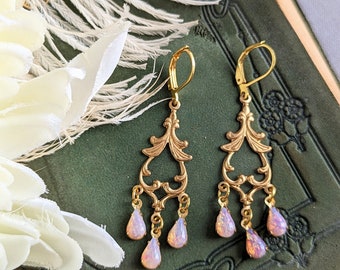Pink Fire Opal Earrings, Vintage Glass Opal Earrings, Pink Victorian Earrings,  Gold Chandelier Earrings, Vintage Inspired Jewelry