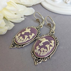 Cameo Earrings, Blue Hummingbird Earrings, Romantic Jewelry, Vintage Style, Nature Jewelry for Women Purple & Ivory