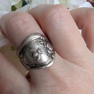 Silver Spoon Ring With Bee & Flower, Adjustable Boho Ring Gift, Fits Thumb or Finger