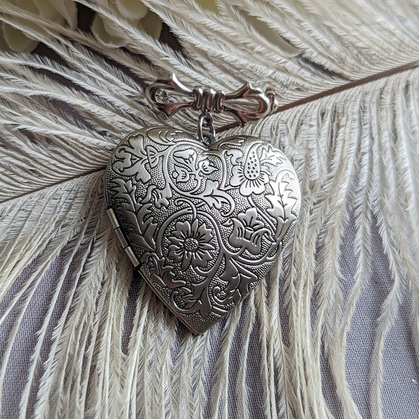 Heart Locket Brooch, Silver Heart Locket, Bridal Bouquet Charm, Embossed Floral Locket, Vintage Style, Wedding Memory Pin, Gift for Bride