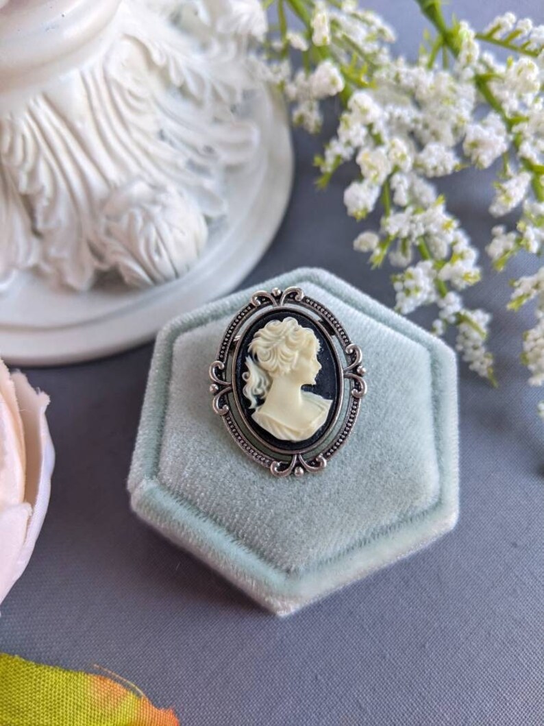 Black Cameo Brooch, Steampunk pin, Gothic Victorian jewelry, goth jewelry gift for women, historical fiction booklover image 1