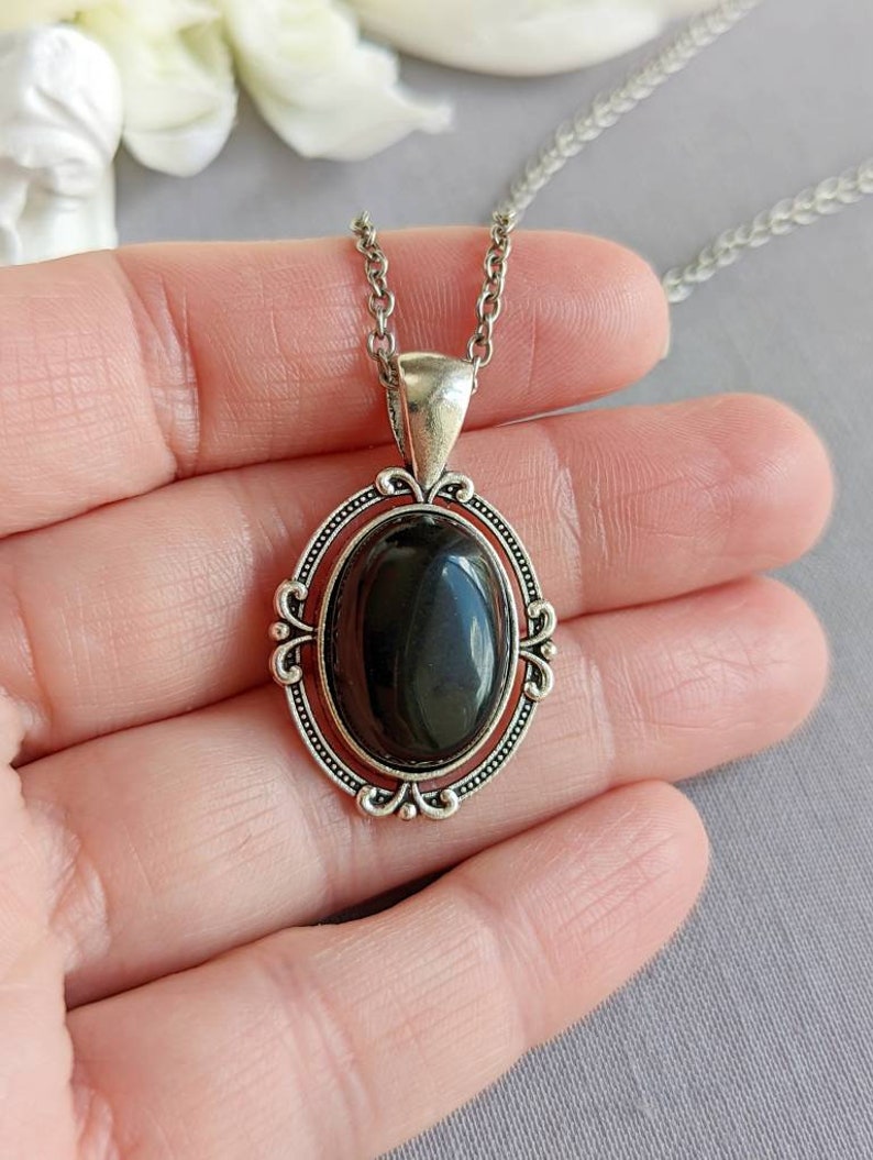 Obsidian Necklace, Obsidian Pendant, Gemstone Jewelry, Black Stone, Gothic Jewelry, Gothic Bridal Jewelry, Gift for Her image 3