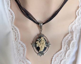 Angel Necklace, Cherub Cameo Pendant, Ribbon Choker, Victorian Gothic Jewelry, Gothic Bride Jewelry, Dark Academia